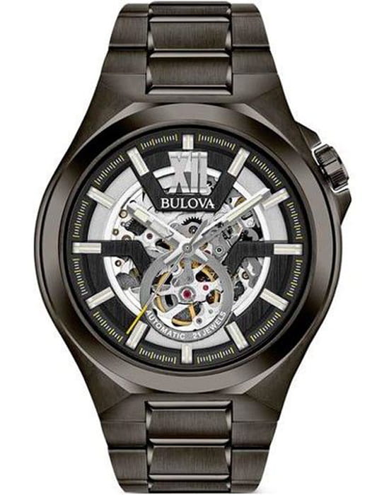 Bulova Bulova Maquina 98A179  98A179 механические мужские часы черный циферблат, браслет нержавеющая сталь с ip-покрытием — вид спереди