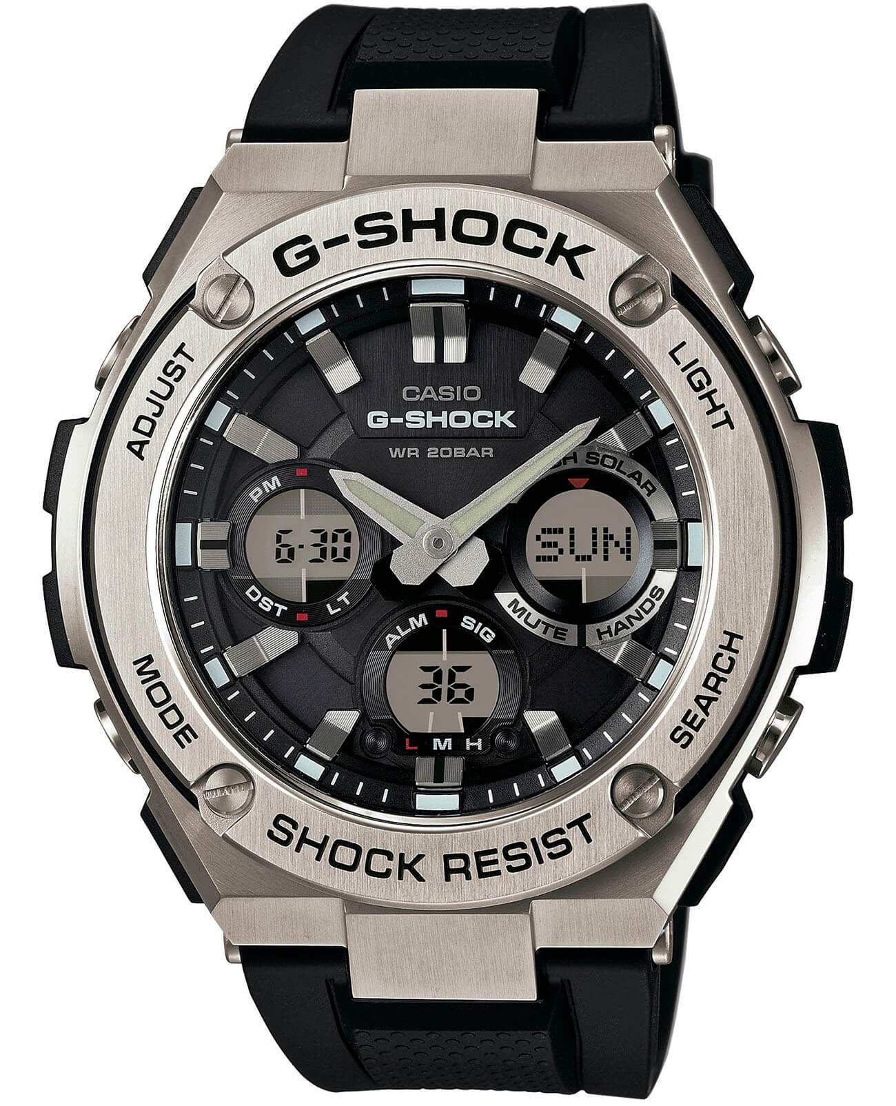 Casio Casio G-Shock GST-W110-1A GST G-Steel GST-W110-1AER электронные мужские часы черный циферблат, браслет полимер — вид спереди