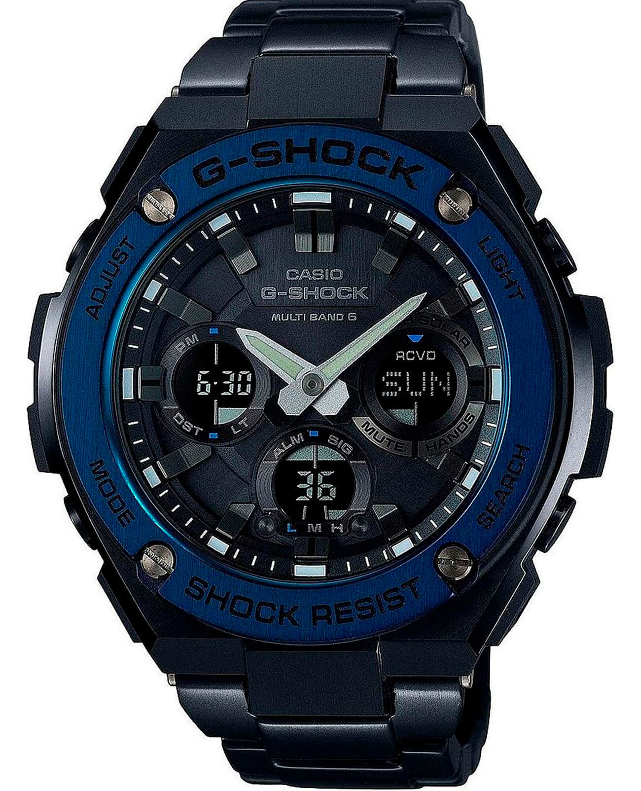 Casio Casio G-Shock GST-W110BD-1A2 GST G-Steel GST-W110BD-1A2 электронные мужские часы черный циферблат, браслет сталь с ip покрытием — вид спереди