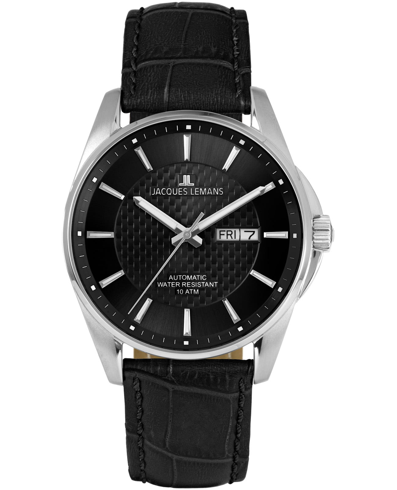 Jacques Lemans Jacques Lemans Automatic 1-2210A  1-2210A механические мужские часы черный циферблат, браслет кожаный — вид спереди