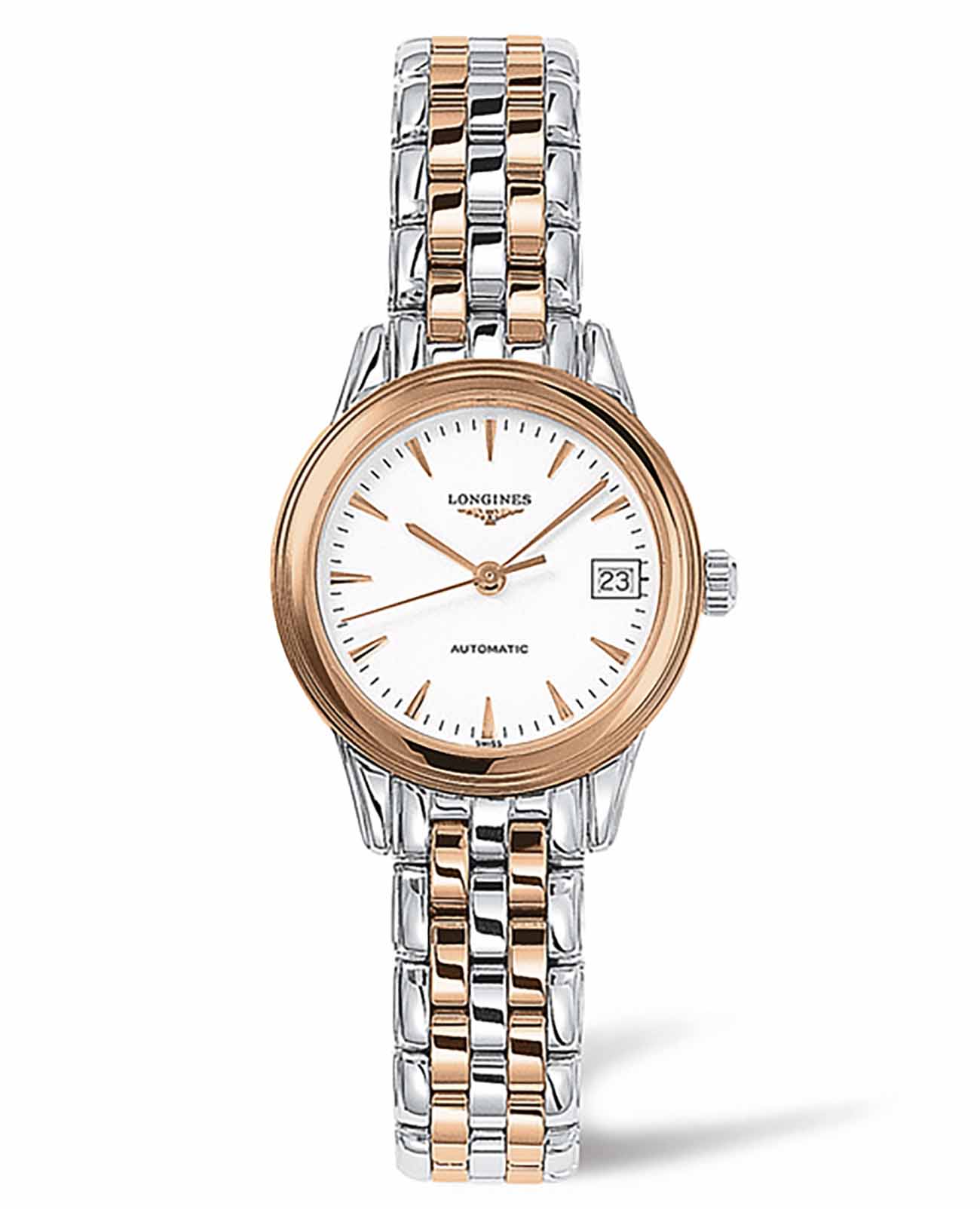 Longines Longines Flagship L4.274.3.92.7  L42743927 механические женские часы белый циферблат, браслет сталь c pvd покрытием — вид спереди